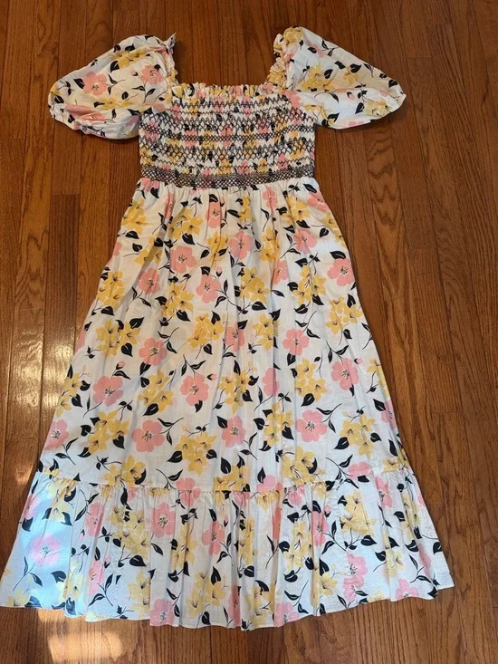 kate spade White Floral Smocked Midi Dress with Pink & Yellow Blooms - Picture 1 of 3